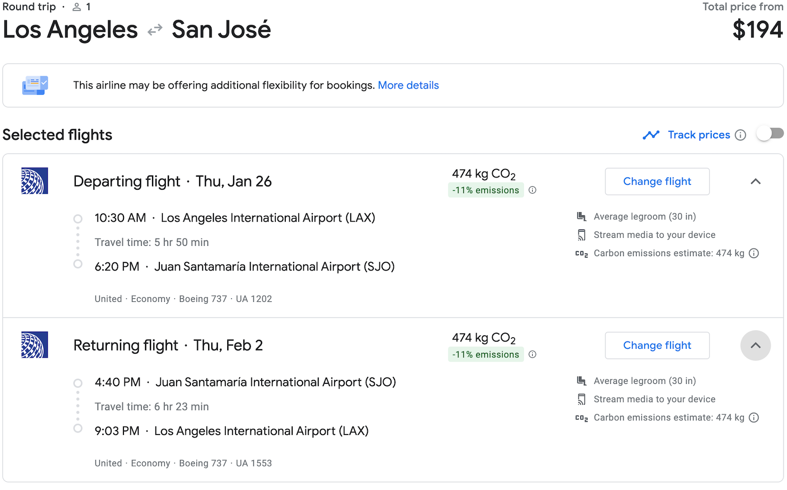 United LAX SJO booking screenshot