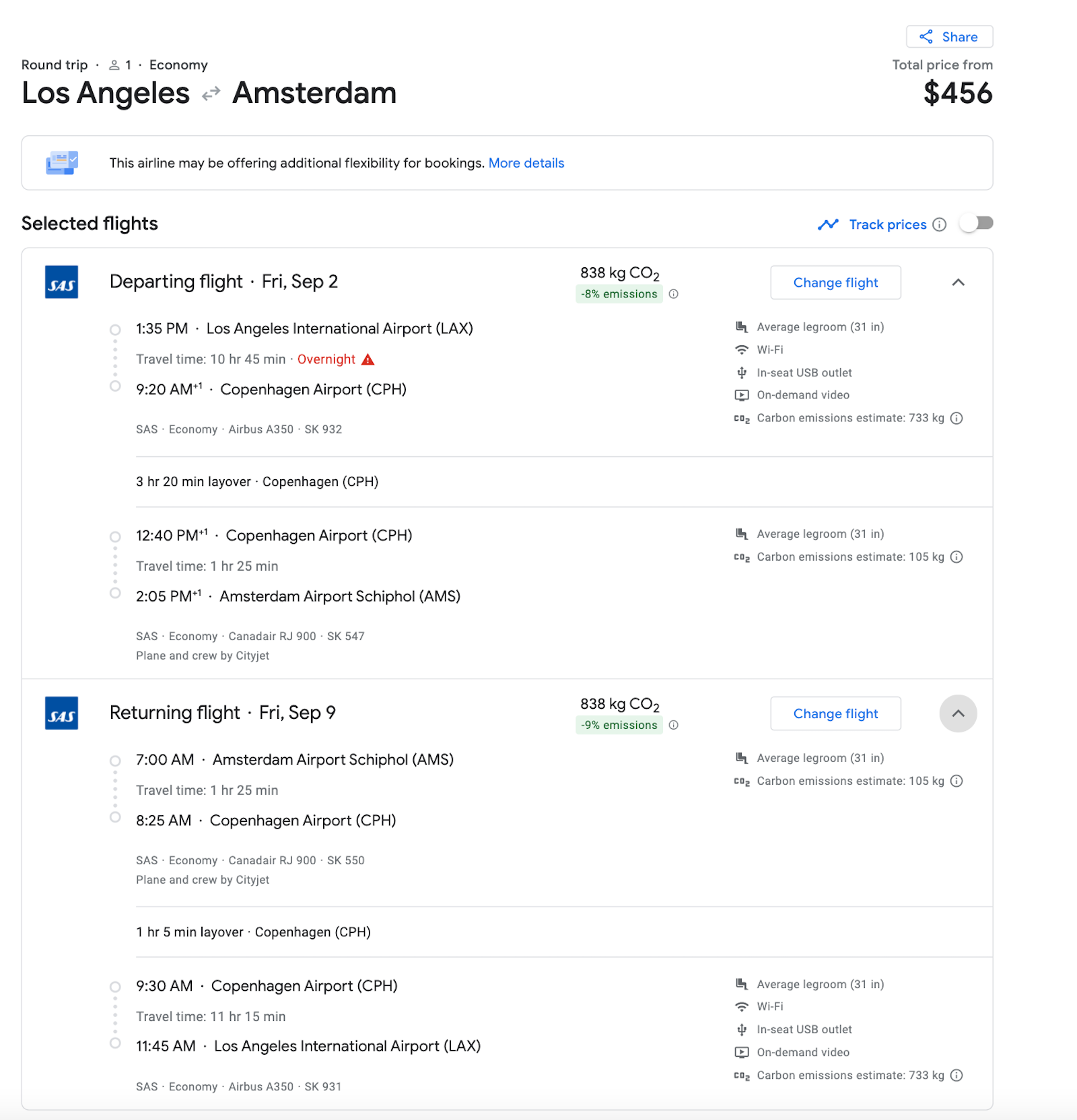 screenshot of Google flights LAX to AMS booking