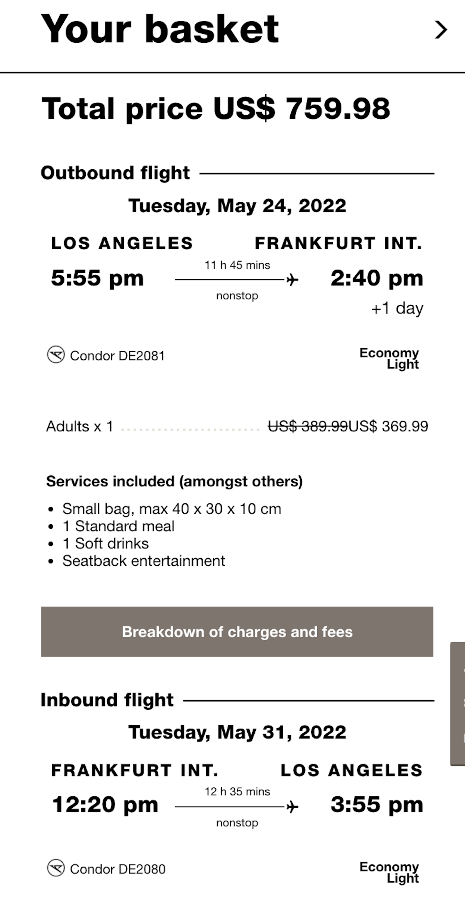Condor booking screenshot LAX FRA