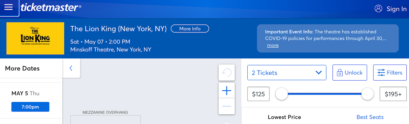 Broadway ticketmaster booking screenshot