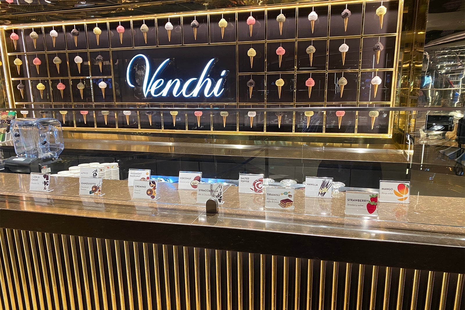 Gelato flavors at Venchi gelato counter on MSC Seashore