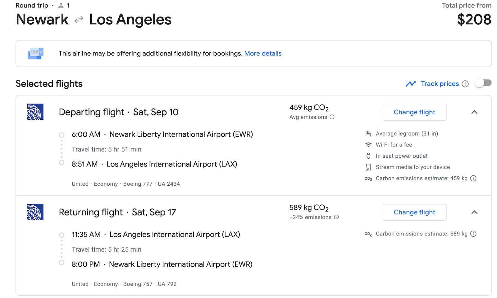 EWR to LAX booking screenshot
