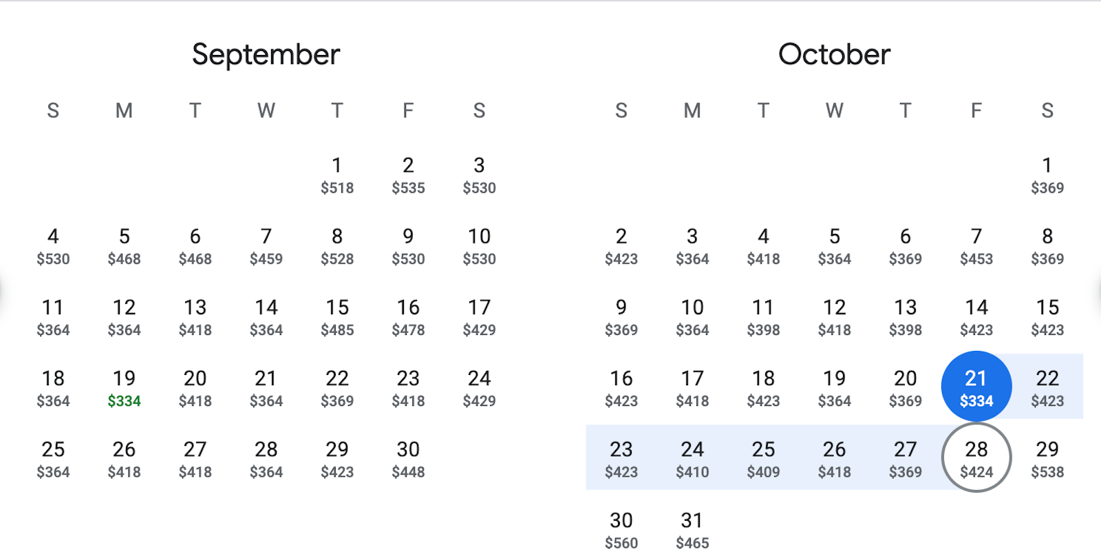 ny to london fall price calendar