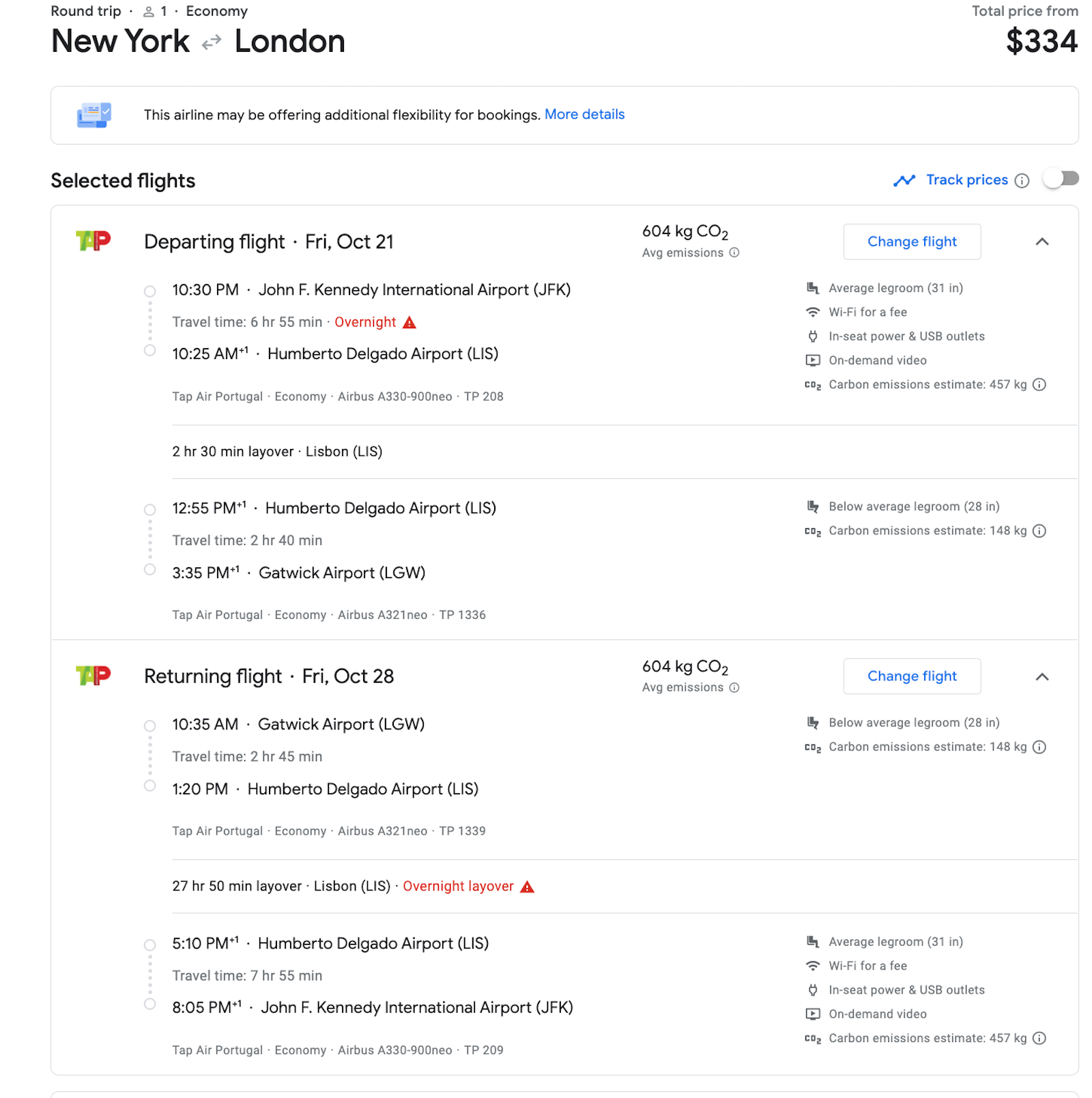 NY to London booking screenshot