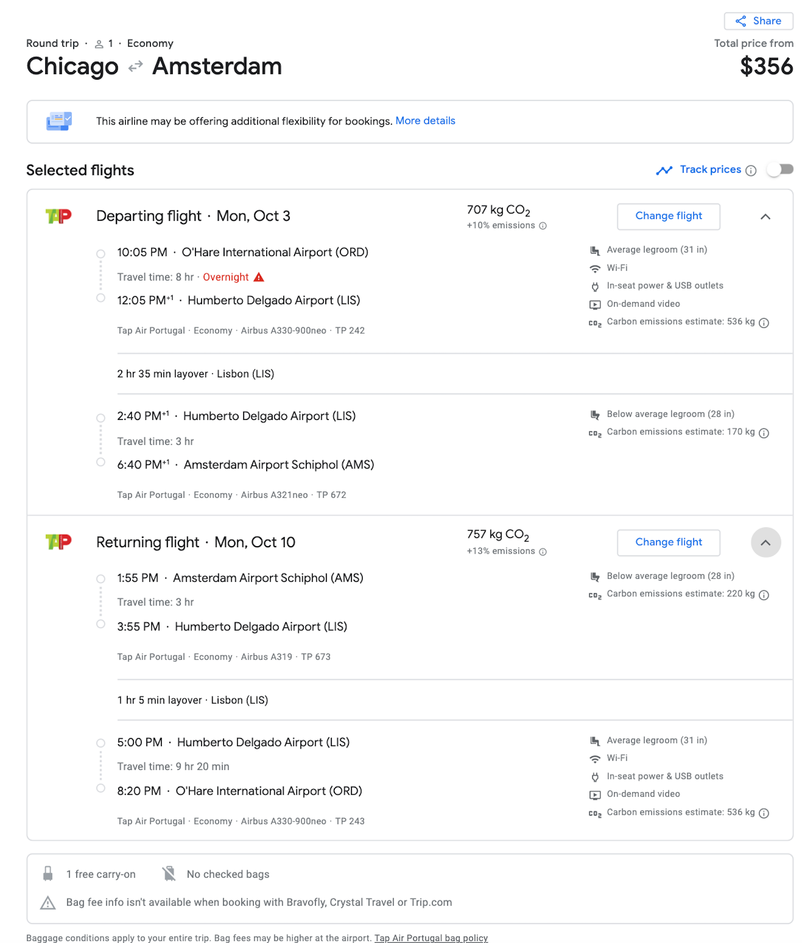 screenshot of Google flights booking ORD to AMS