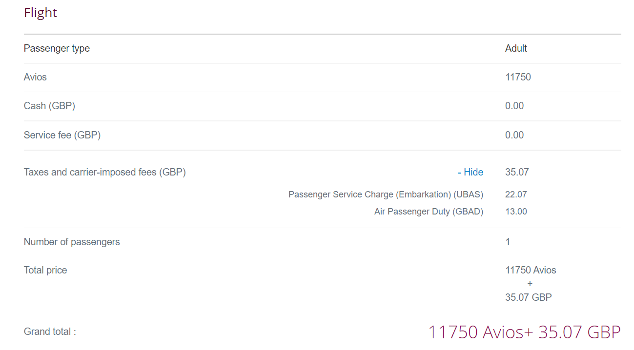 Qatar Avios pricing for a British Airways-operated economy award from London to Madrid