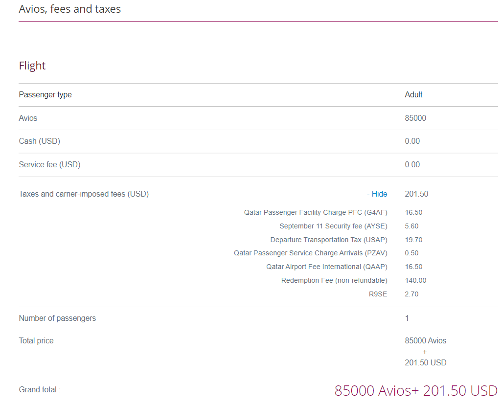Qatar Avios business-class award pricing from Atlanta to Male via Doha
