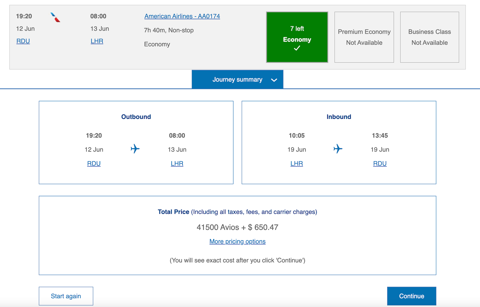 rdu lhr booking screenshot
