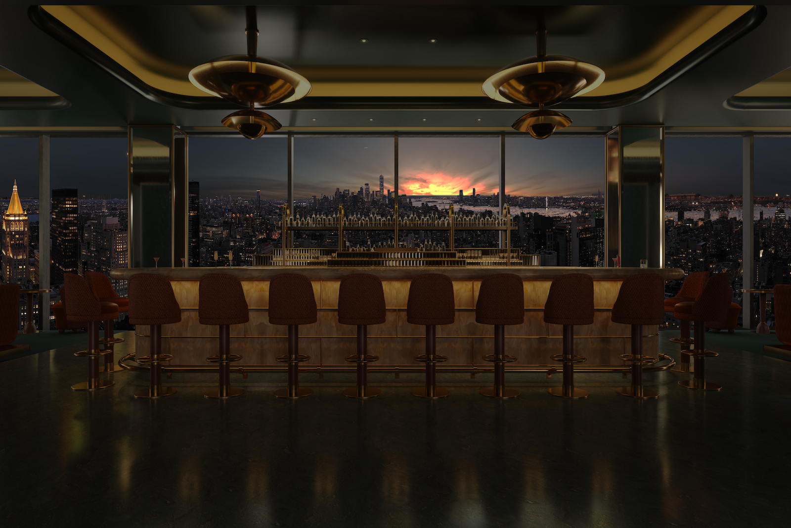 dark hotel bar with sunset views of New York City Skyline