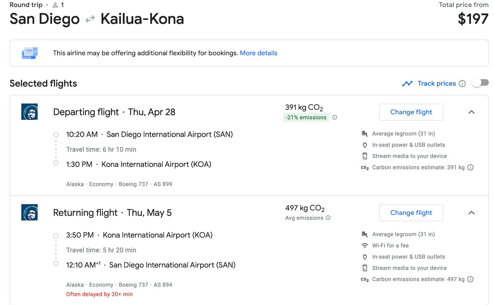 SAN to KOA booking screenshot Alaska Airlines
