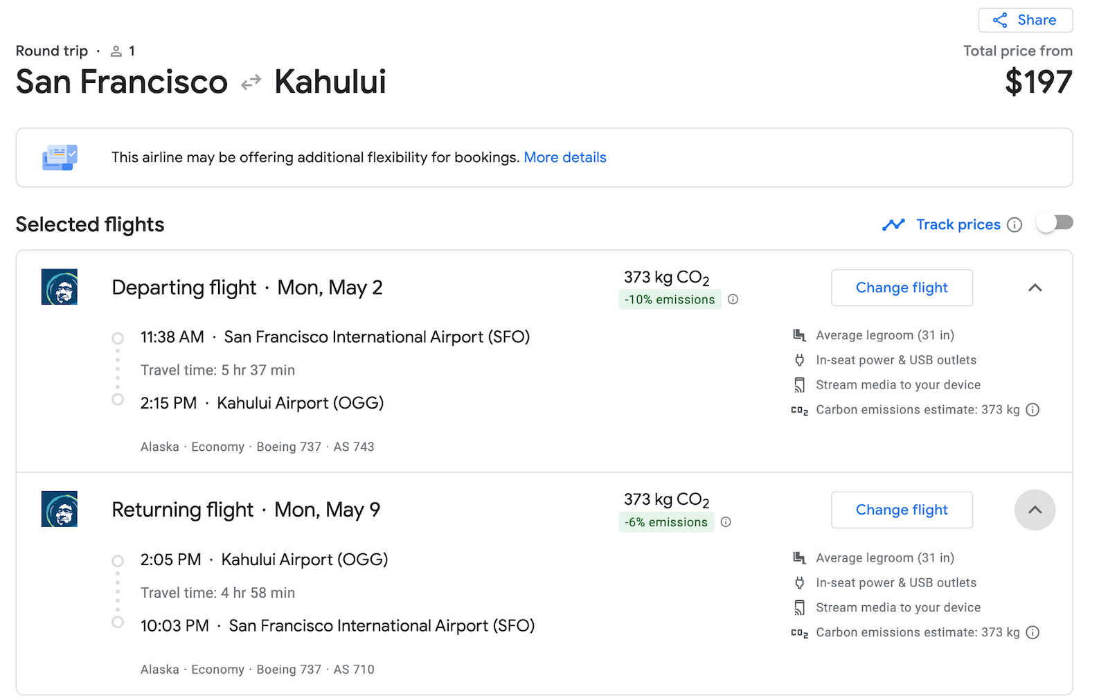 alaska airlines SFO to OGG booking screenshot
