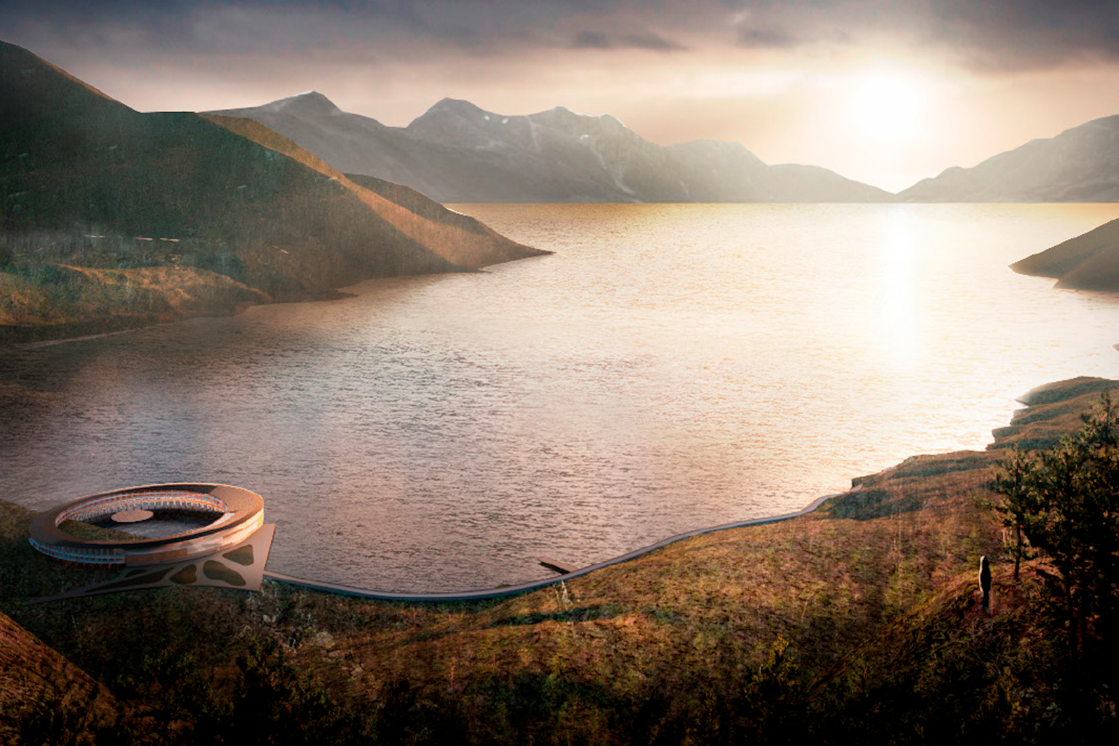 rendering of circular hotel above water, surrounded by mountains at dusk