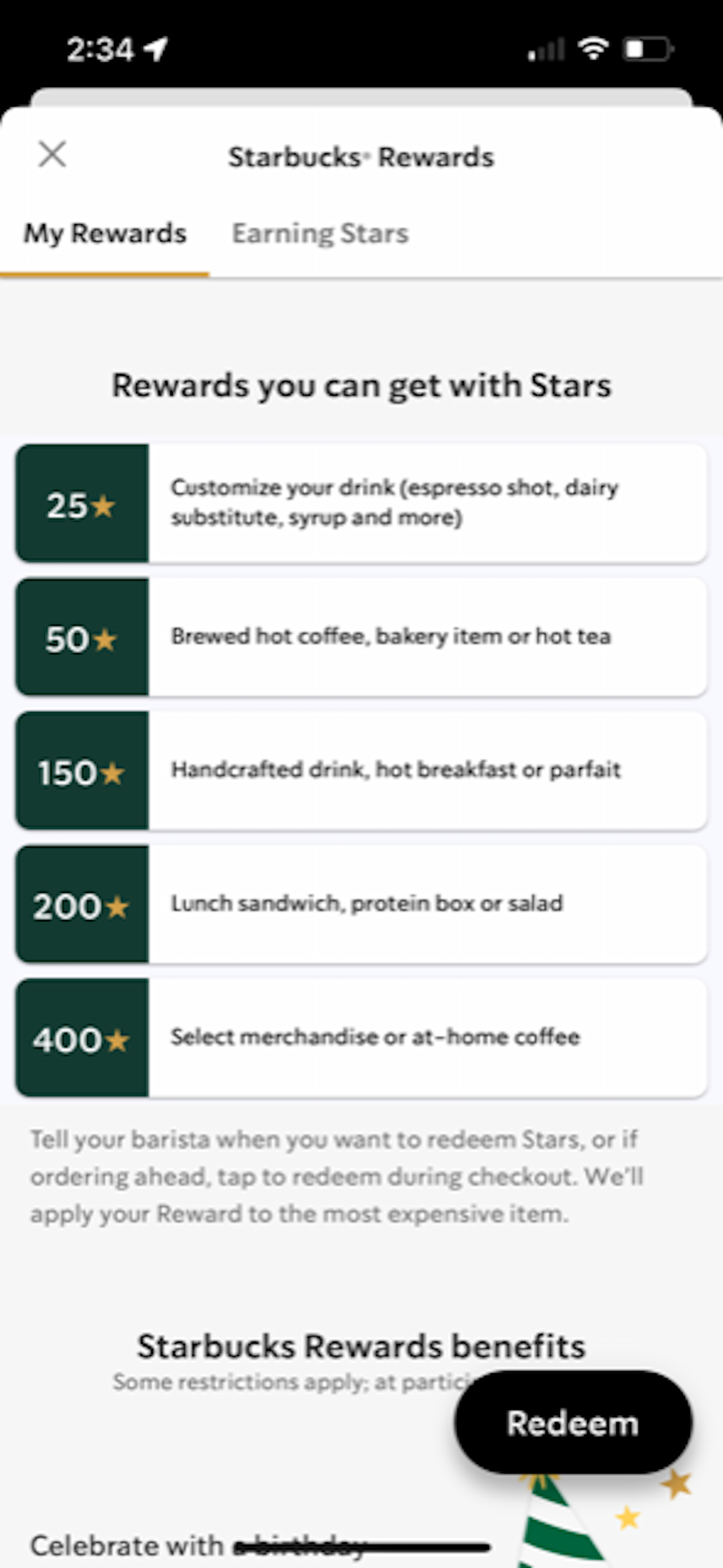 Starbucks reward chart screenshot