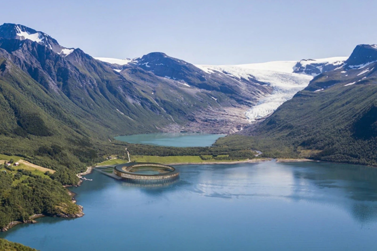 rendering of futuristic, circular hotel over water surrounded by fjords