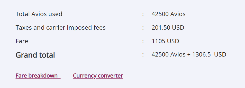 Trip summary page when booking a Qatar Avios award