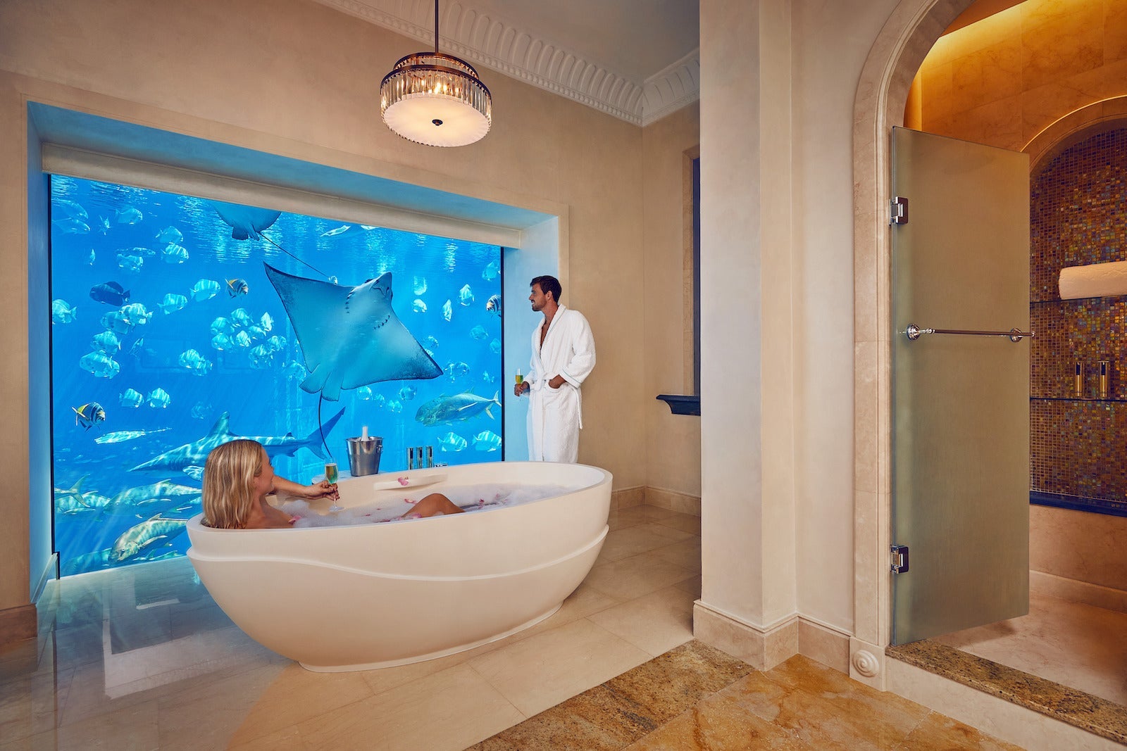 woman in bathtub next to glass wall of aquarium
