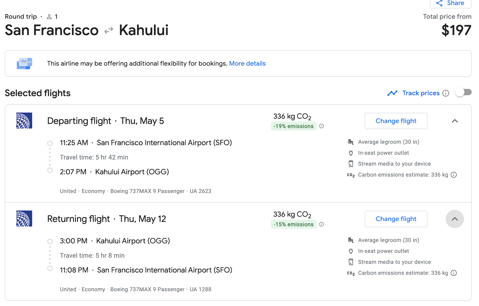 United SFO OGG booking screenshot