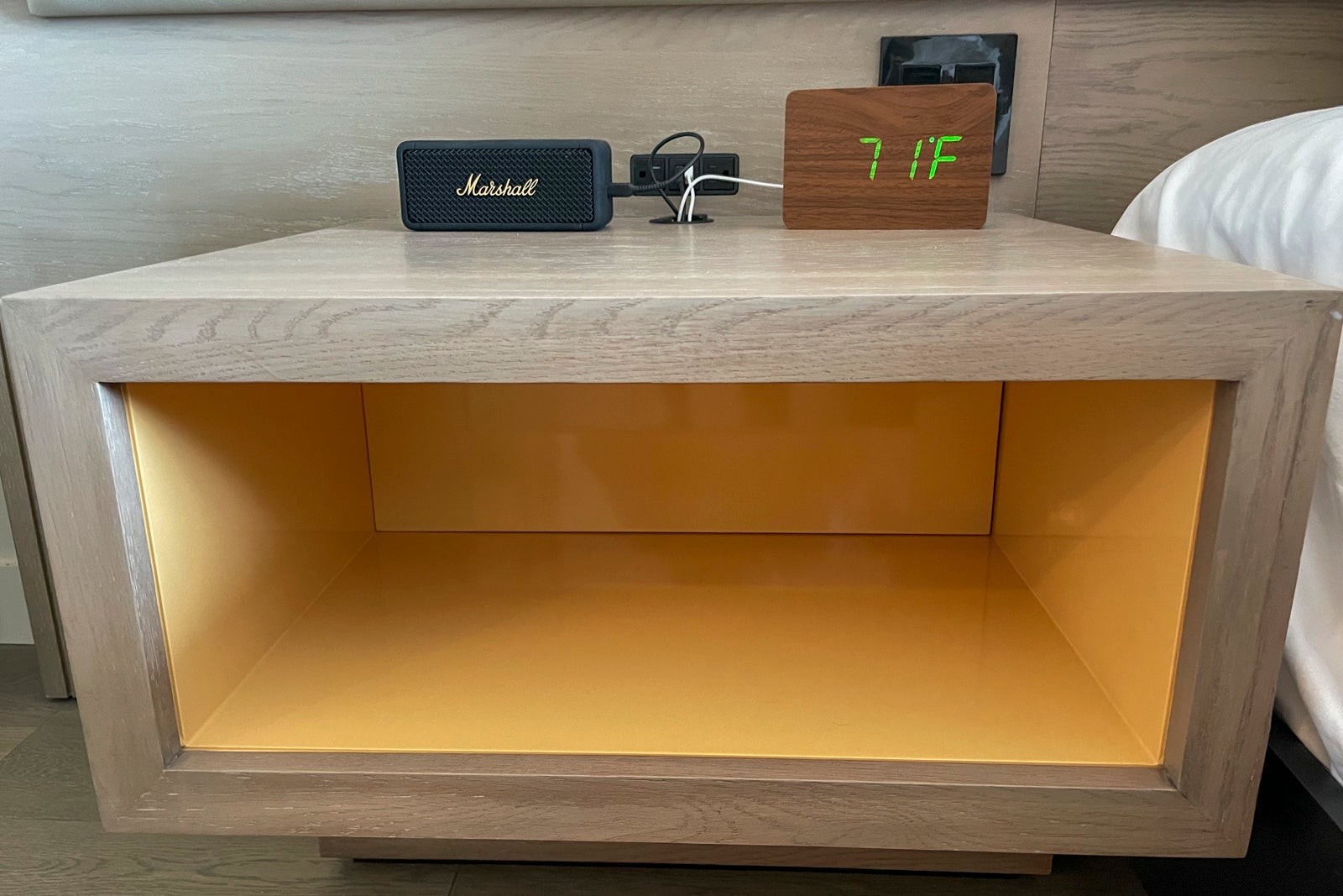 night stand with speaker and clock