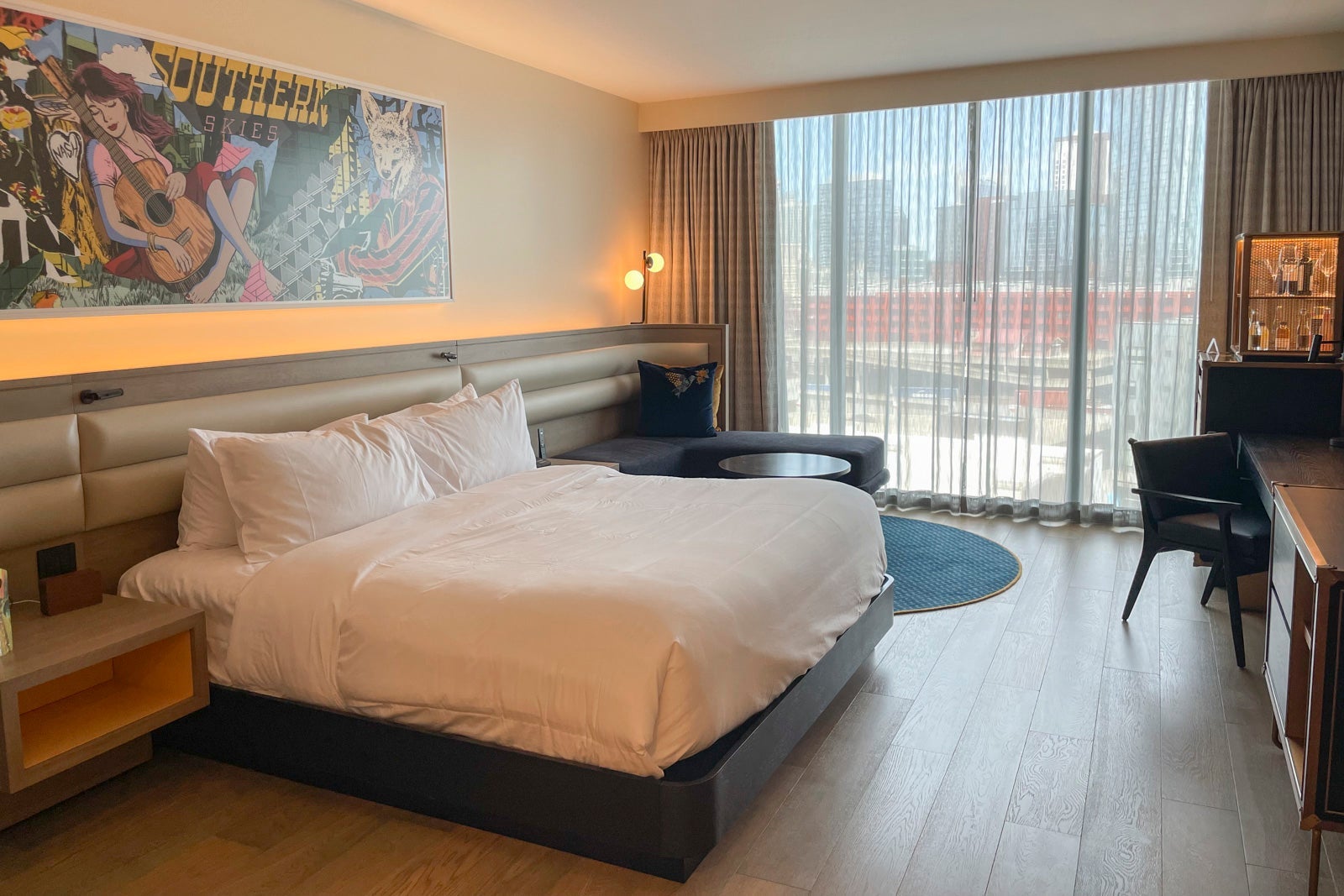 hotel room with view of downtown Nashville skyline