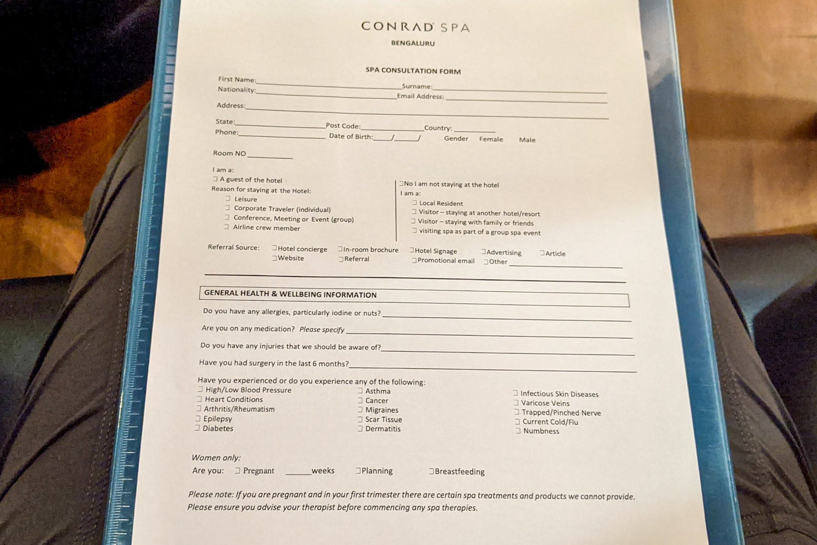 Conrad Bengaluru spa intake form