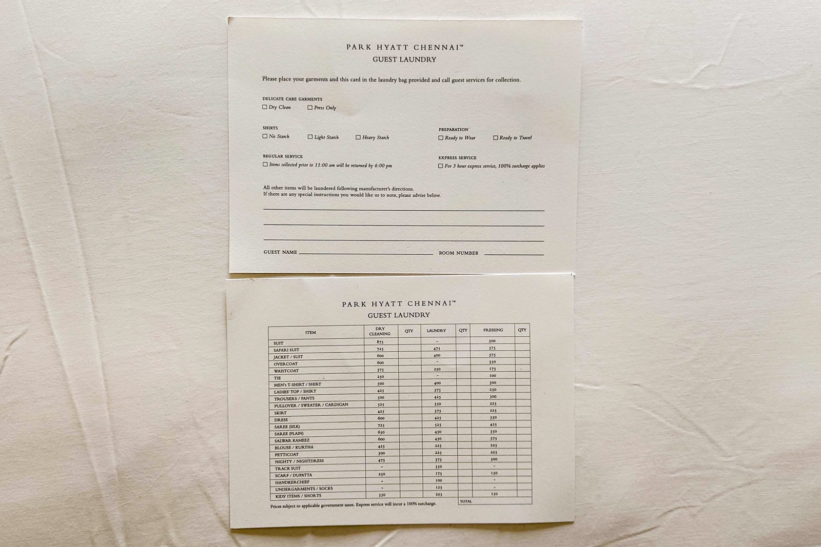 Laundry list at the Park Hyatt Chennai