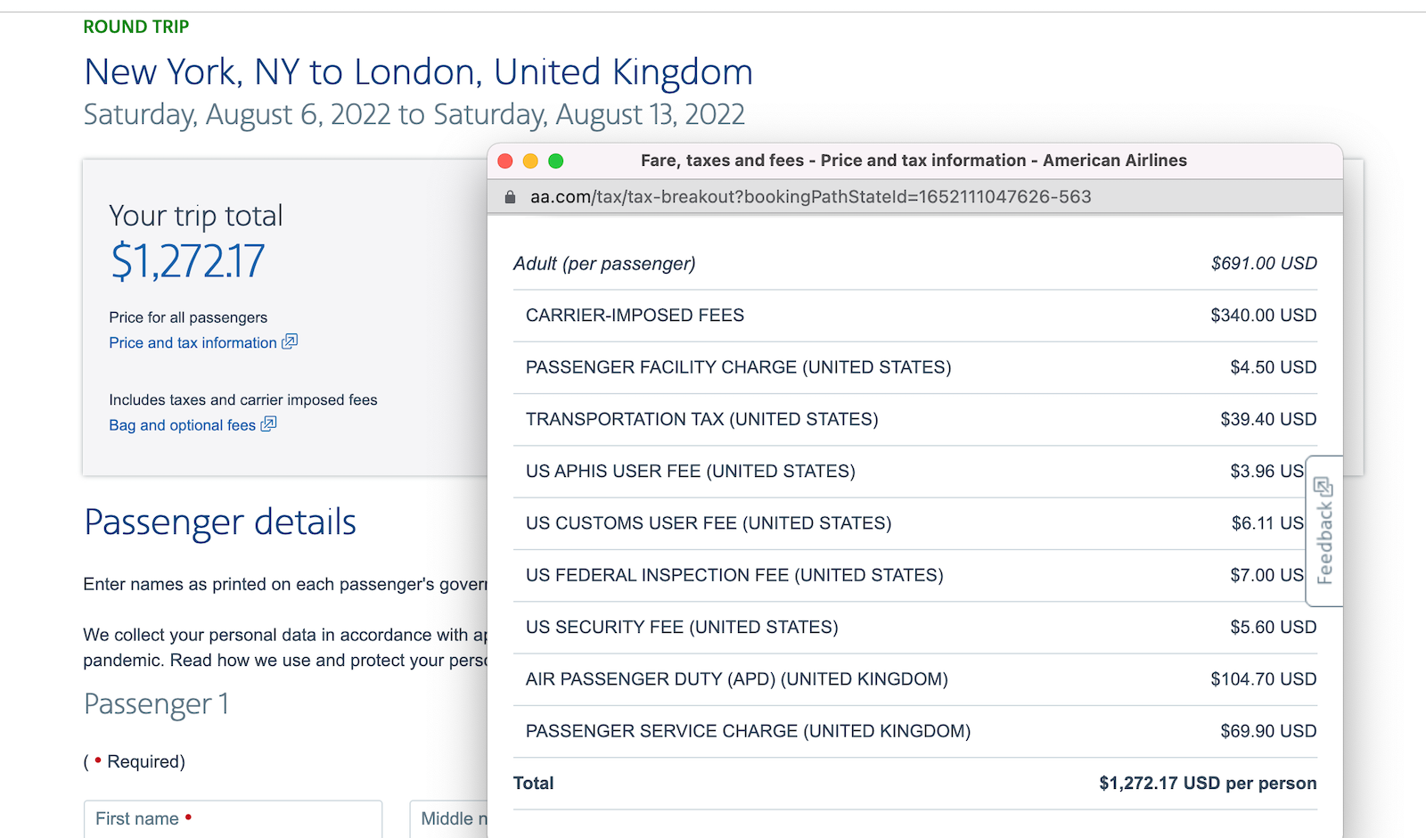 American LHR JFK booking screenshot
