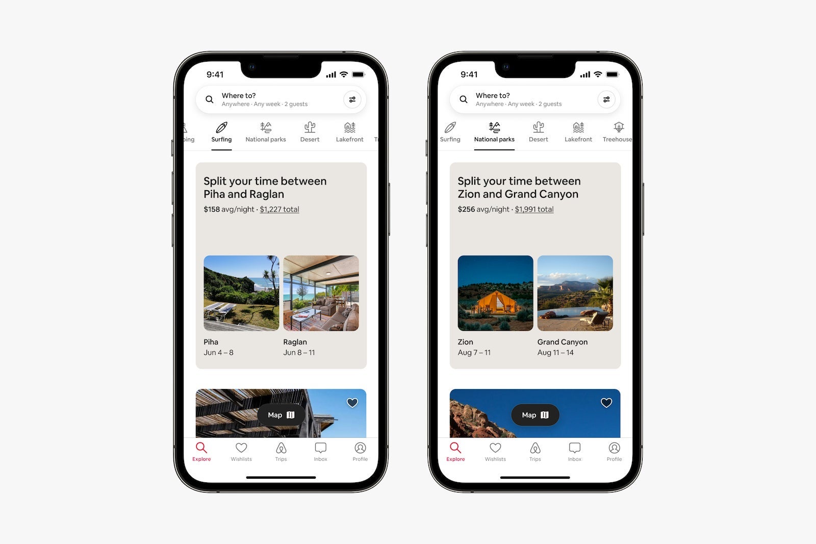 two iPhones displaying Airbnbl istings