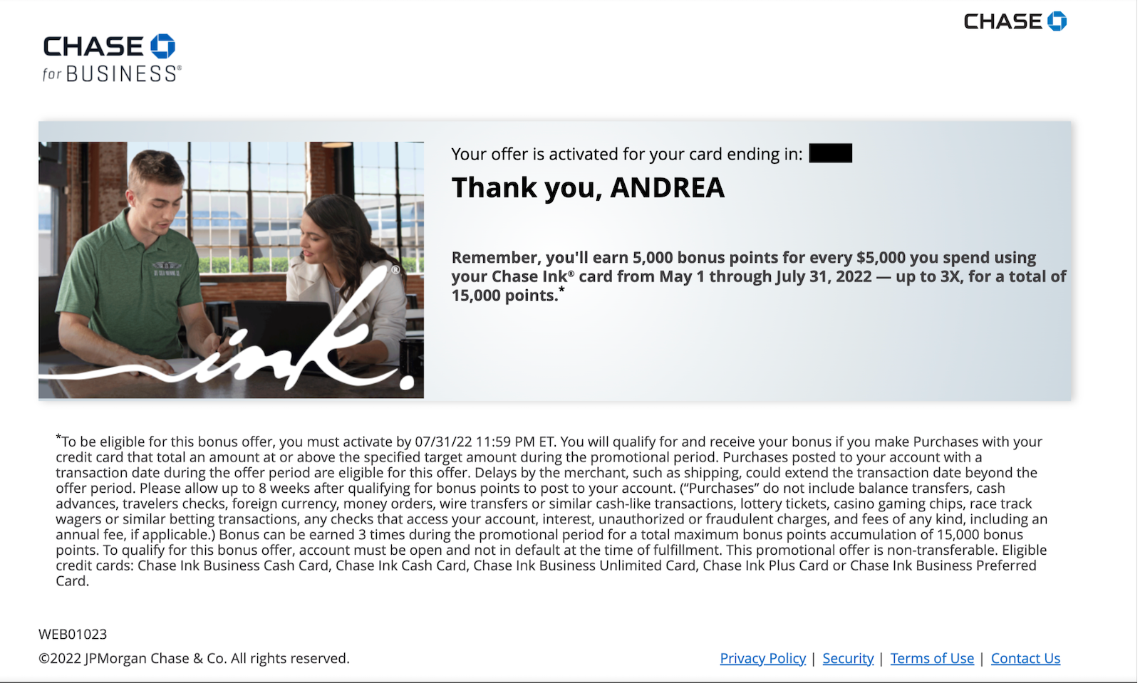 Chase business targeted offer promotion