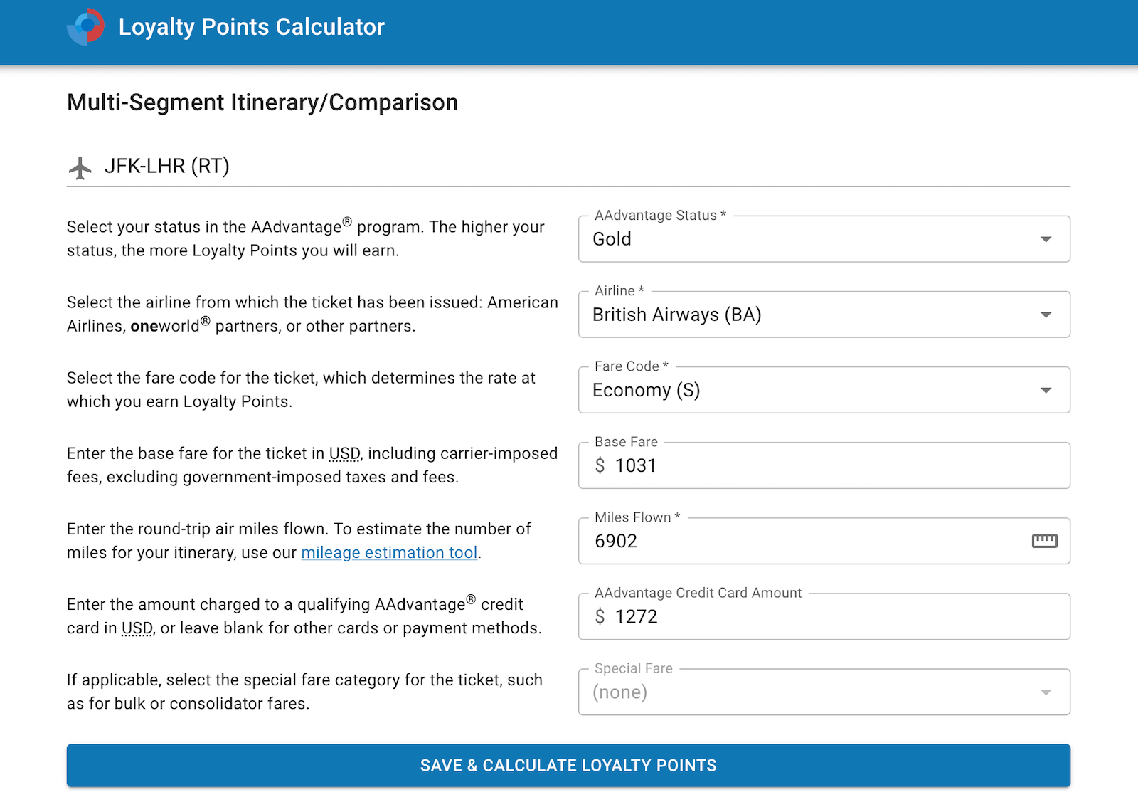 BA loyalty points calc