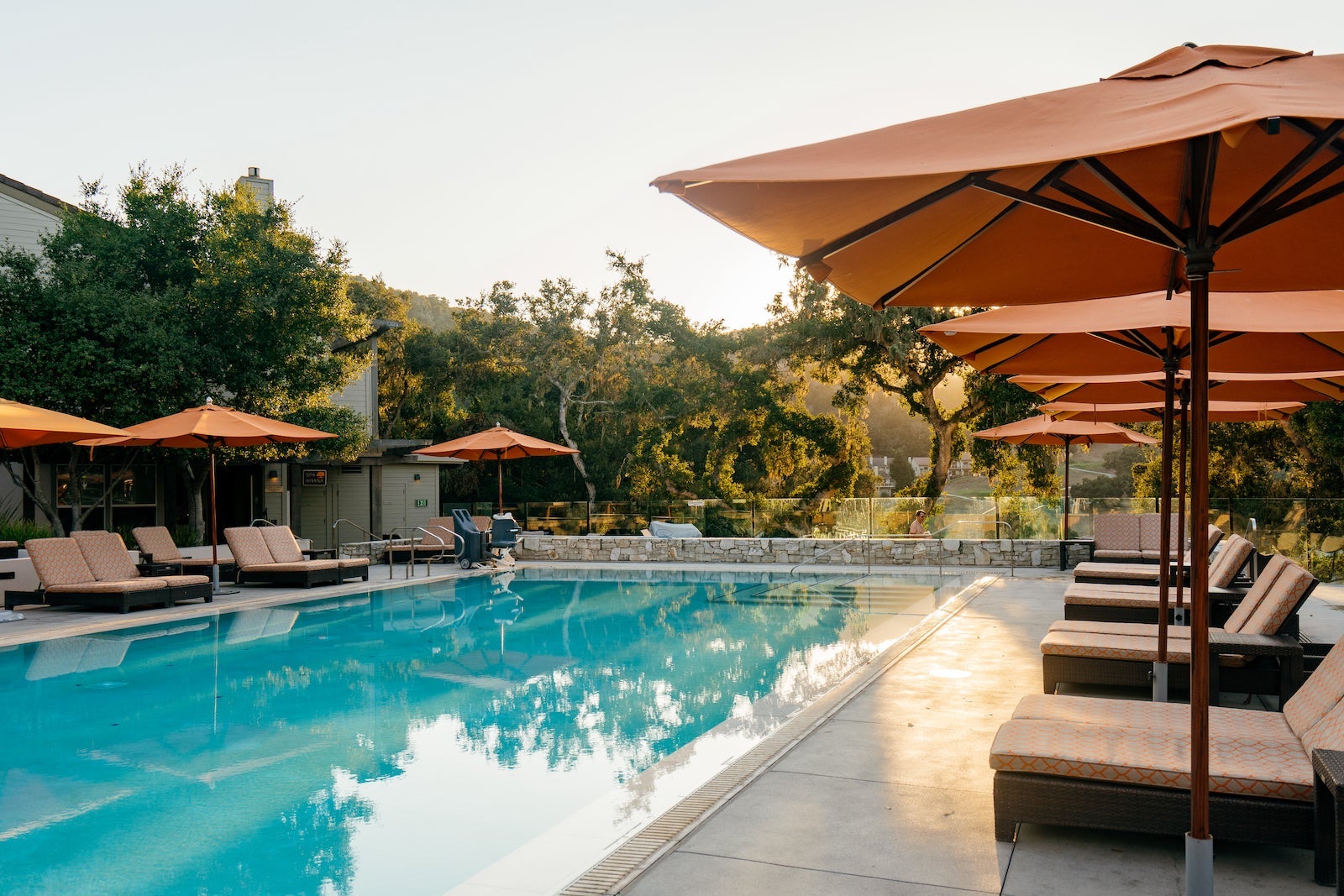 swimming pool with umbrellas