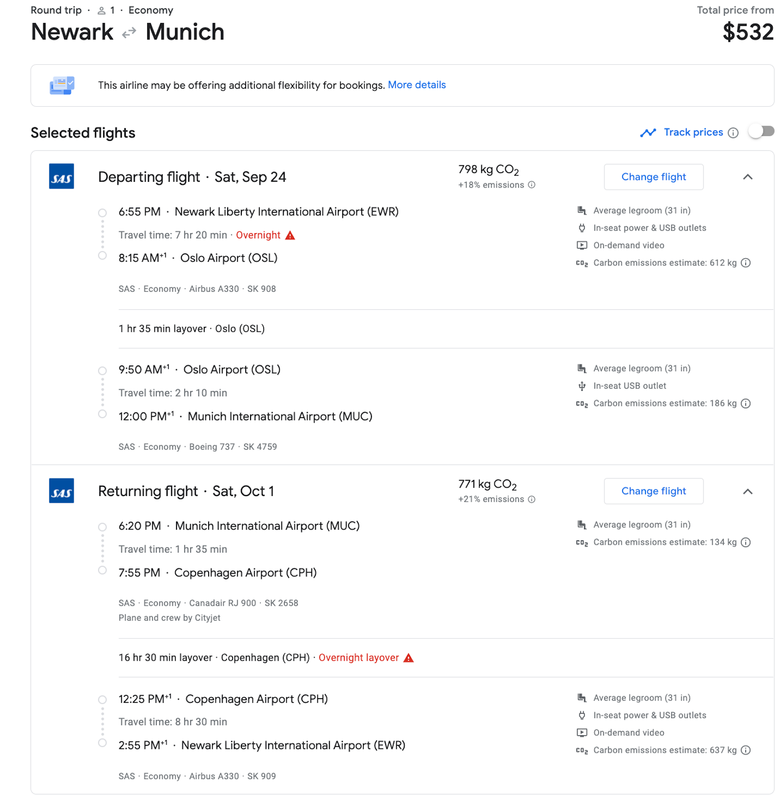 google flights booking screenshot EWR MUC