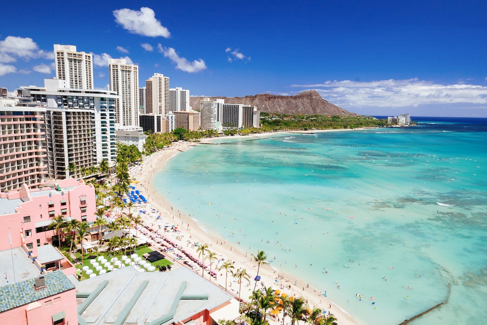 Waikiki beach and diamond head crater in Honolulu, Hawaii.