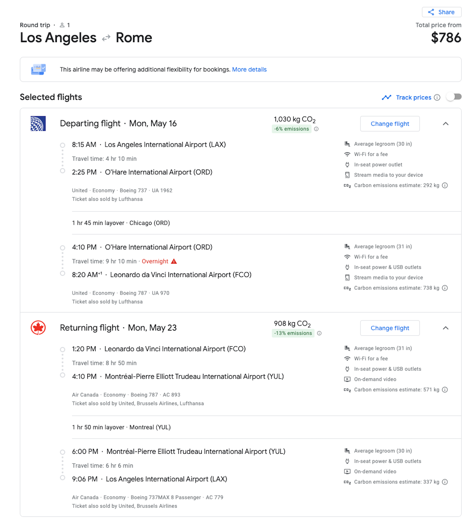 LAX to FCO booking screenshot