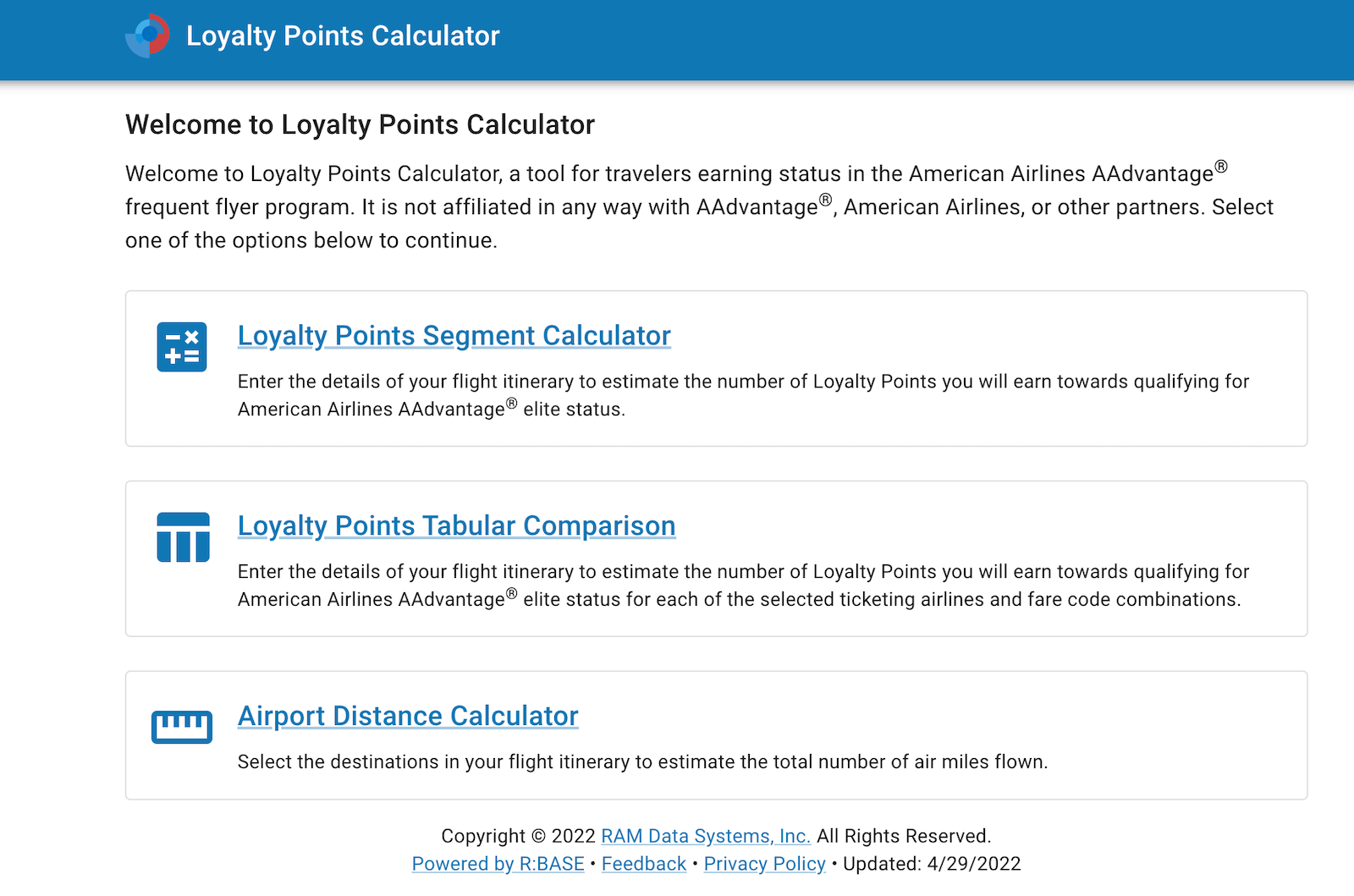 Loyalty points calculator page