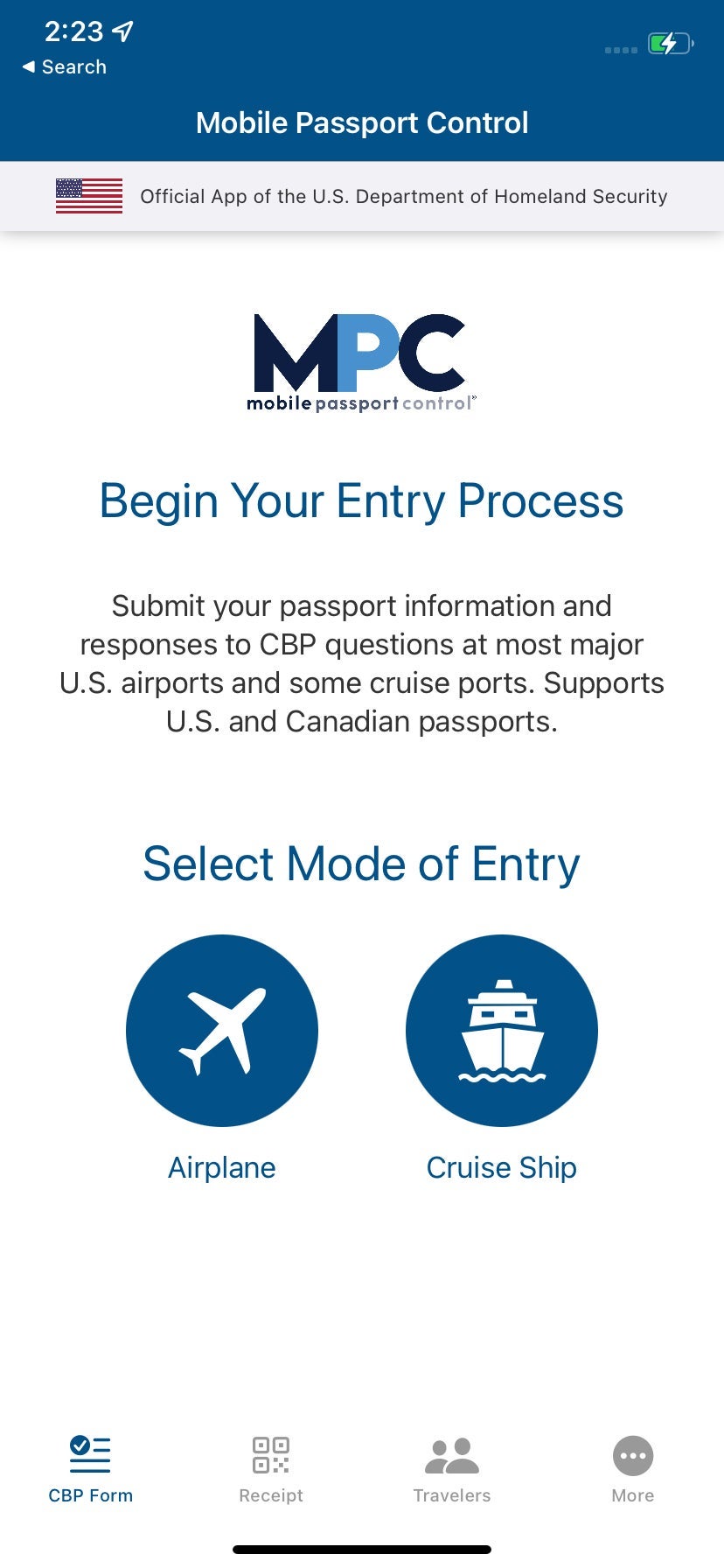 New Mobile Passport Control App home screen. (Screenshot courtesy Clint Henderson:The Points Guy)