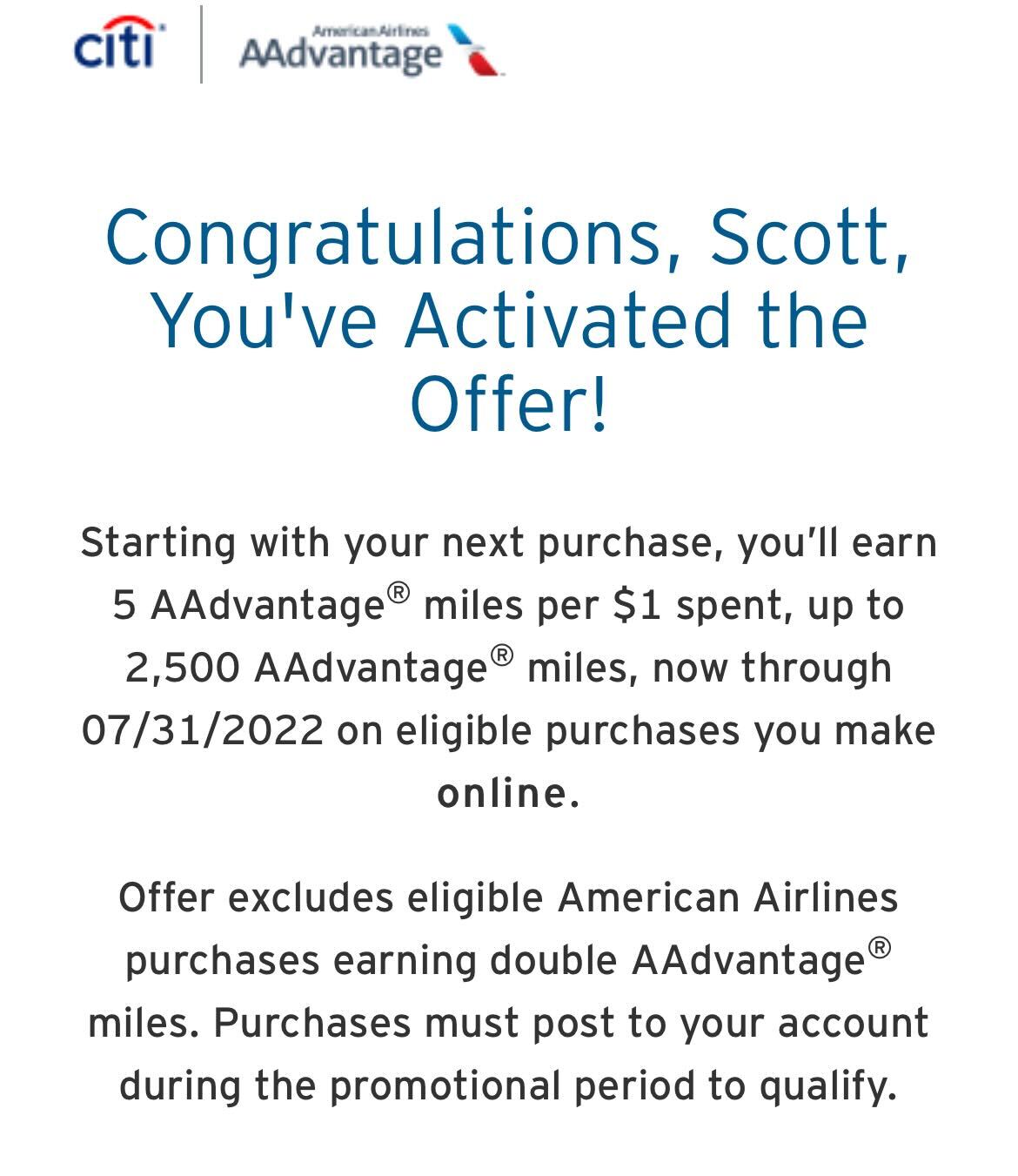 Scott's American AAdvntage offer. (Screenshot courtesy Citi)