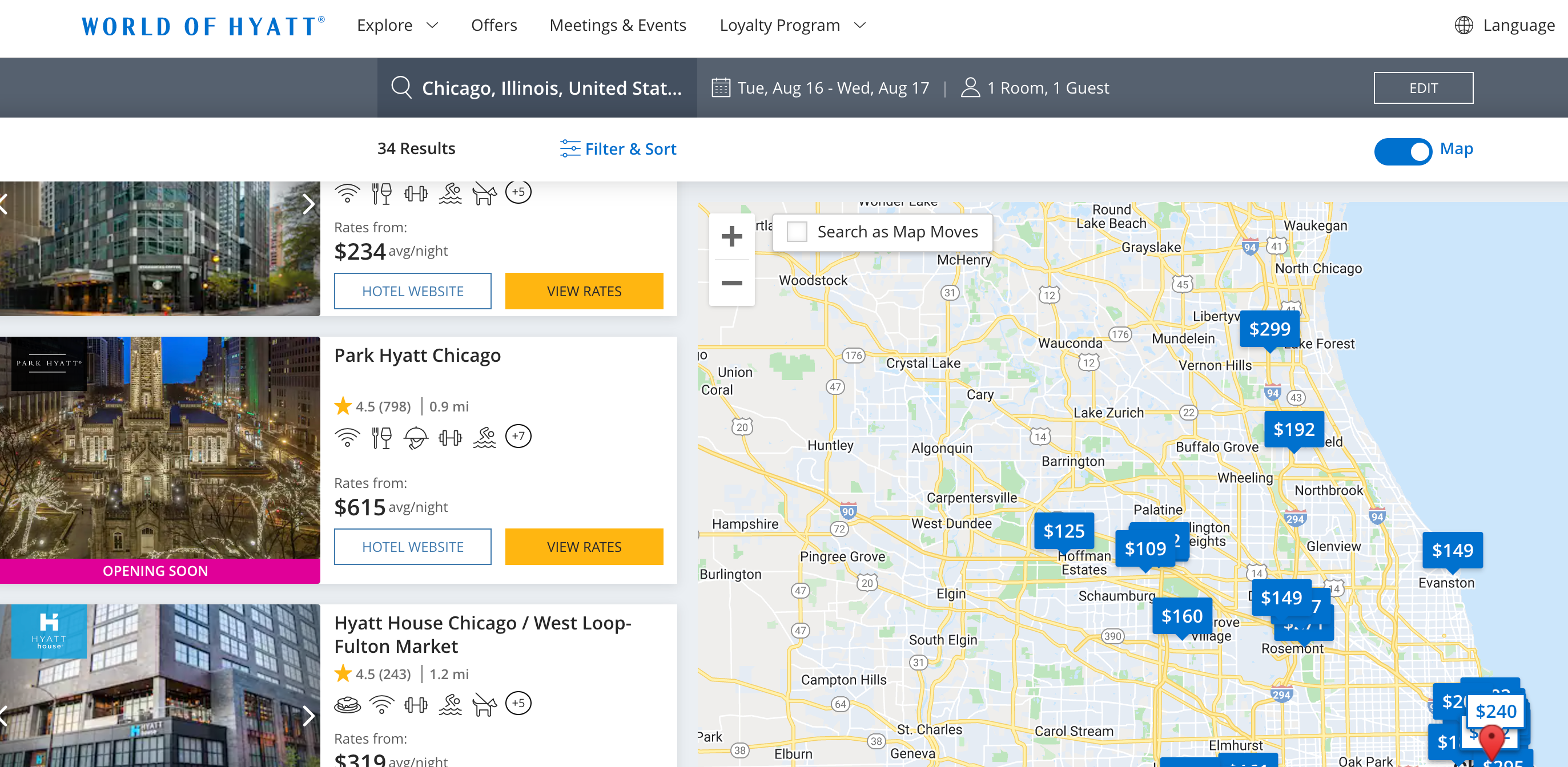 Park Hyatt Chicago rates in August 2022. (Screenshot courtesy World of Hyatt)