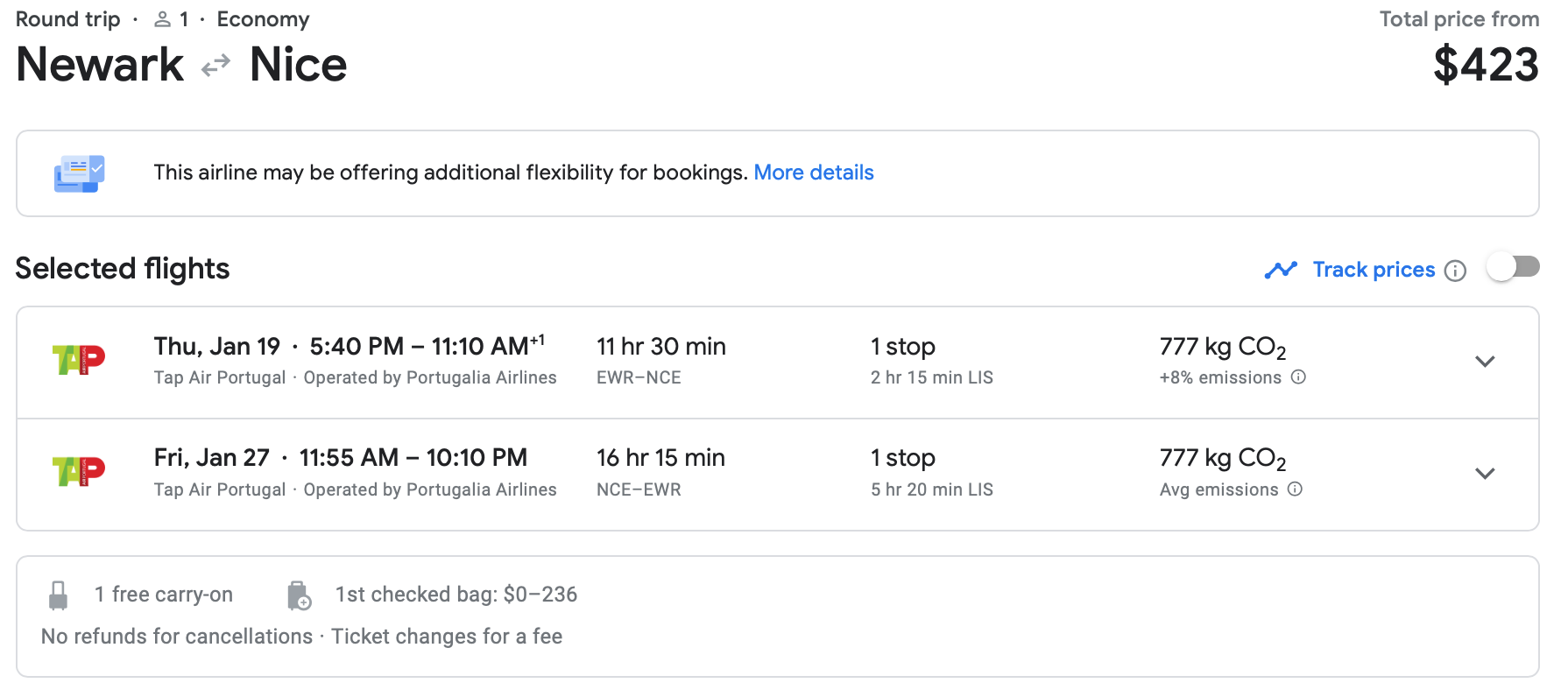 Screenshot of Google Flights