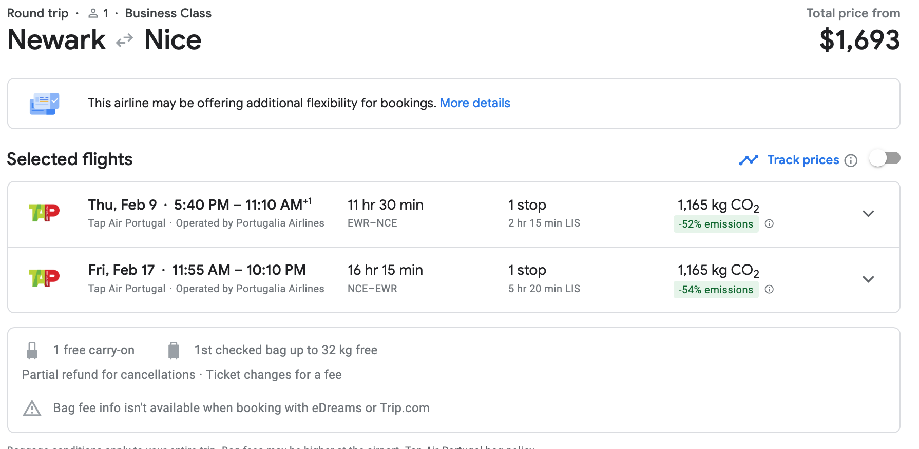 Screenshot of Google Flights