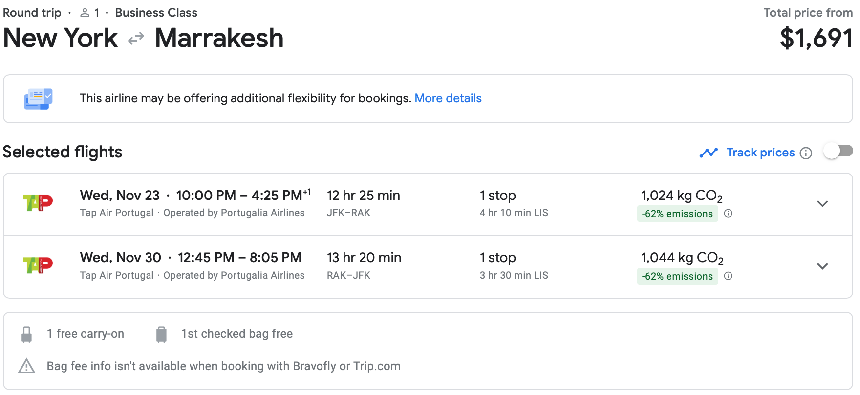 Screenshot of Google Flights