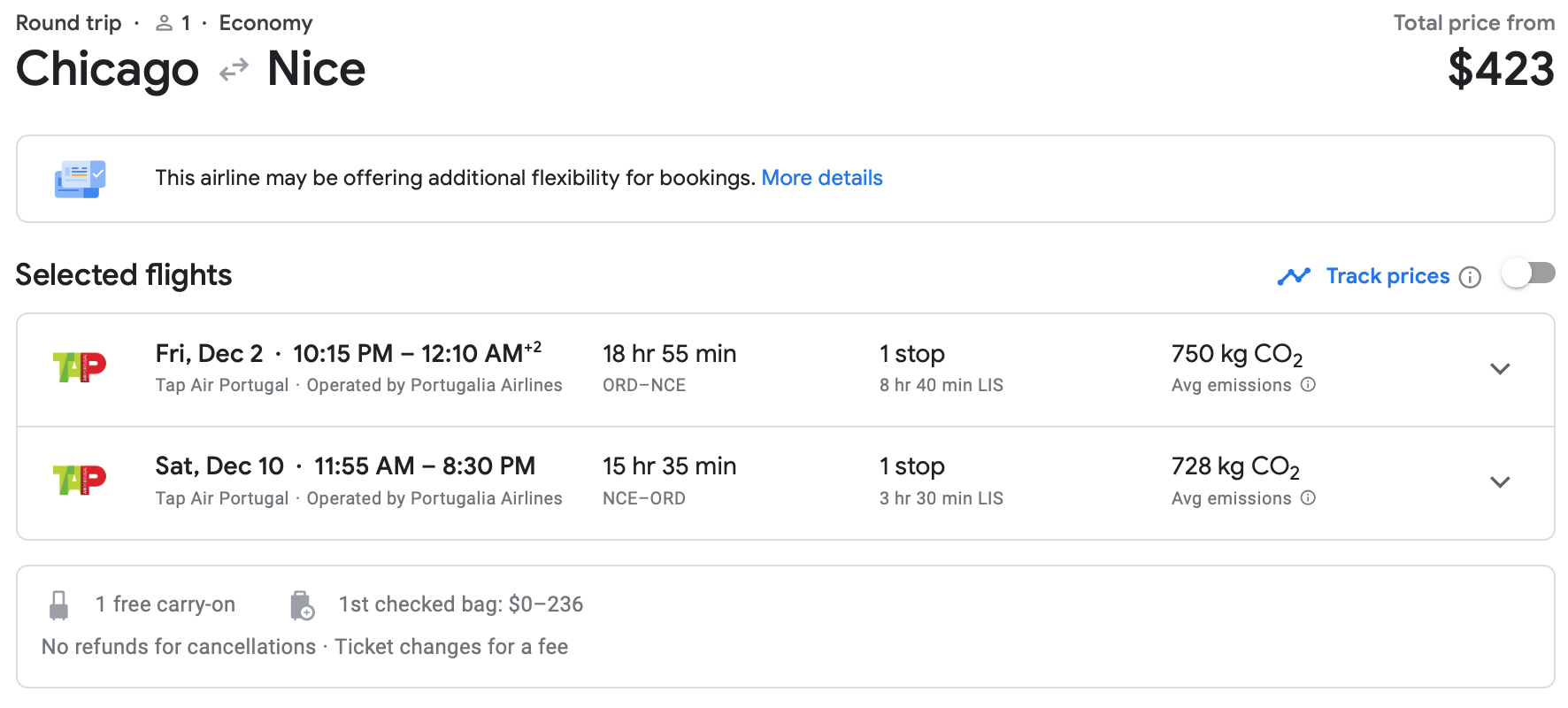 Screenshot of Google Flights