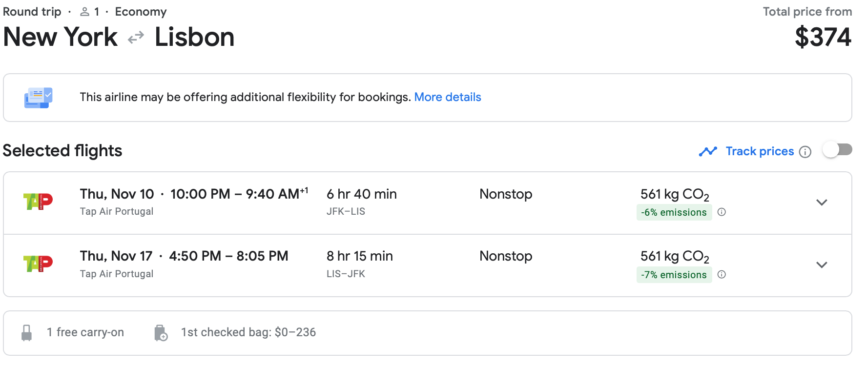 Screenshot of Google Flights