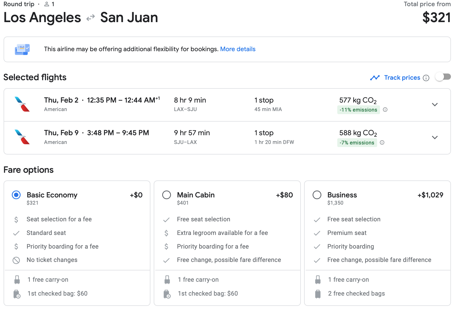 screenshot of google flights