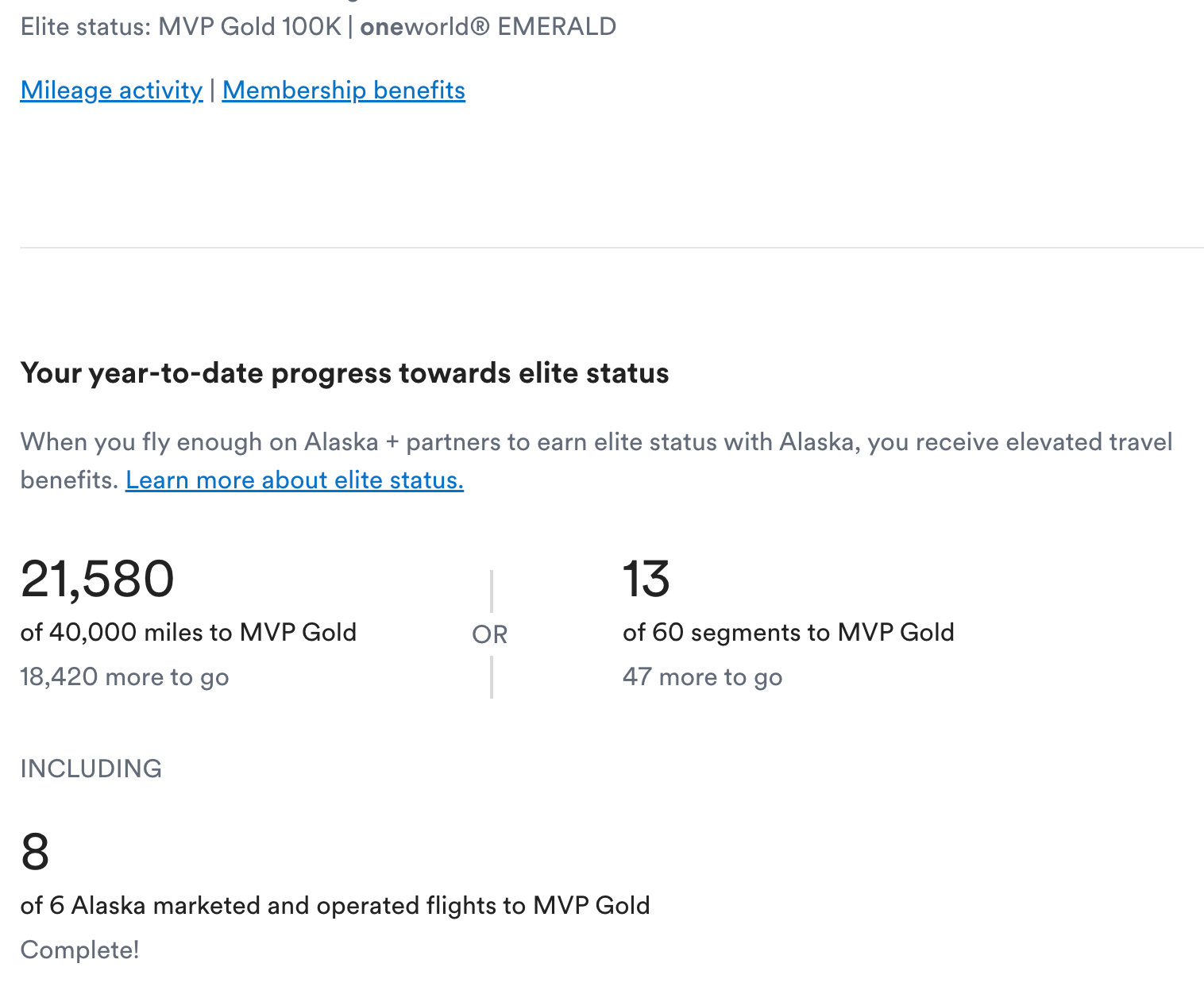 Clint Henderson's Alaska Mileage Plan status page.