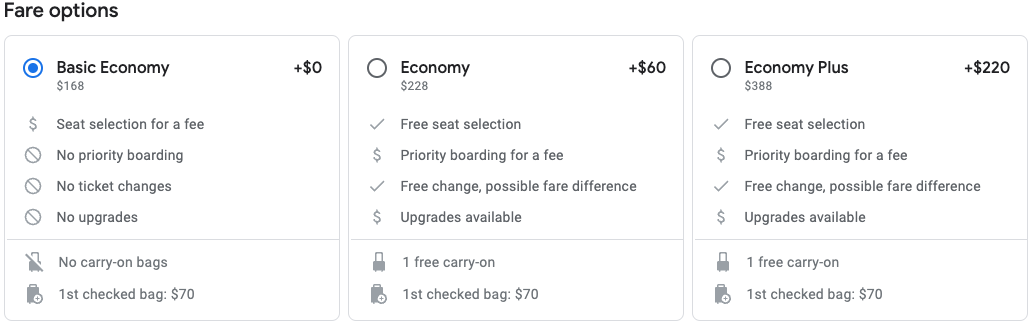 screenshot of flight options