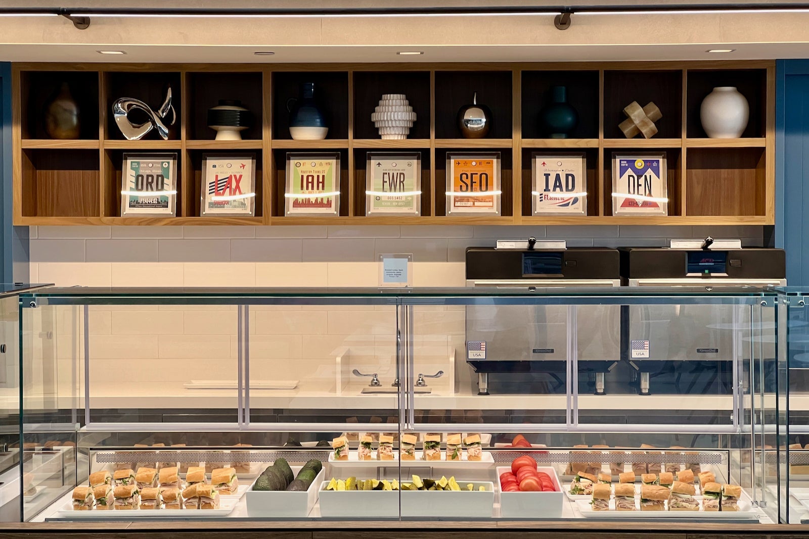 a food buffet in an airport lounge