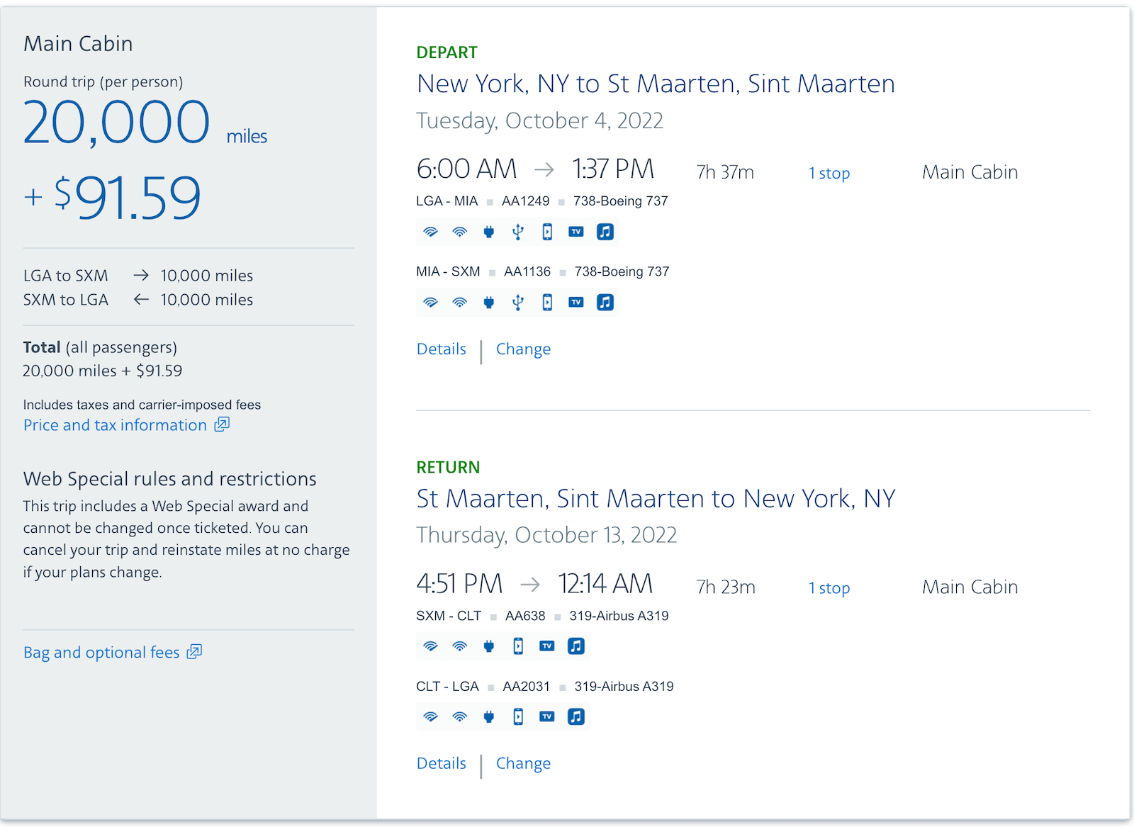 American Airlines LGA SXM award booking