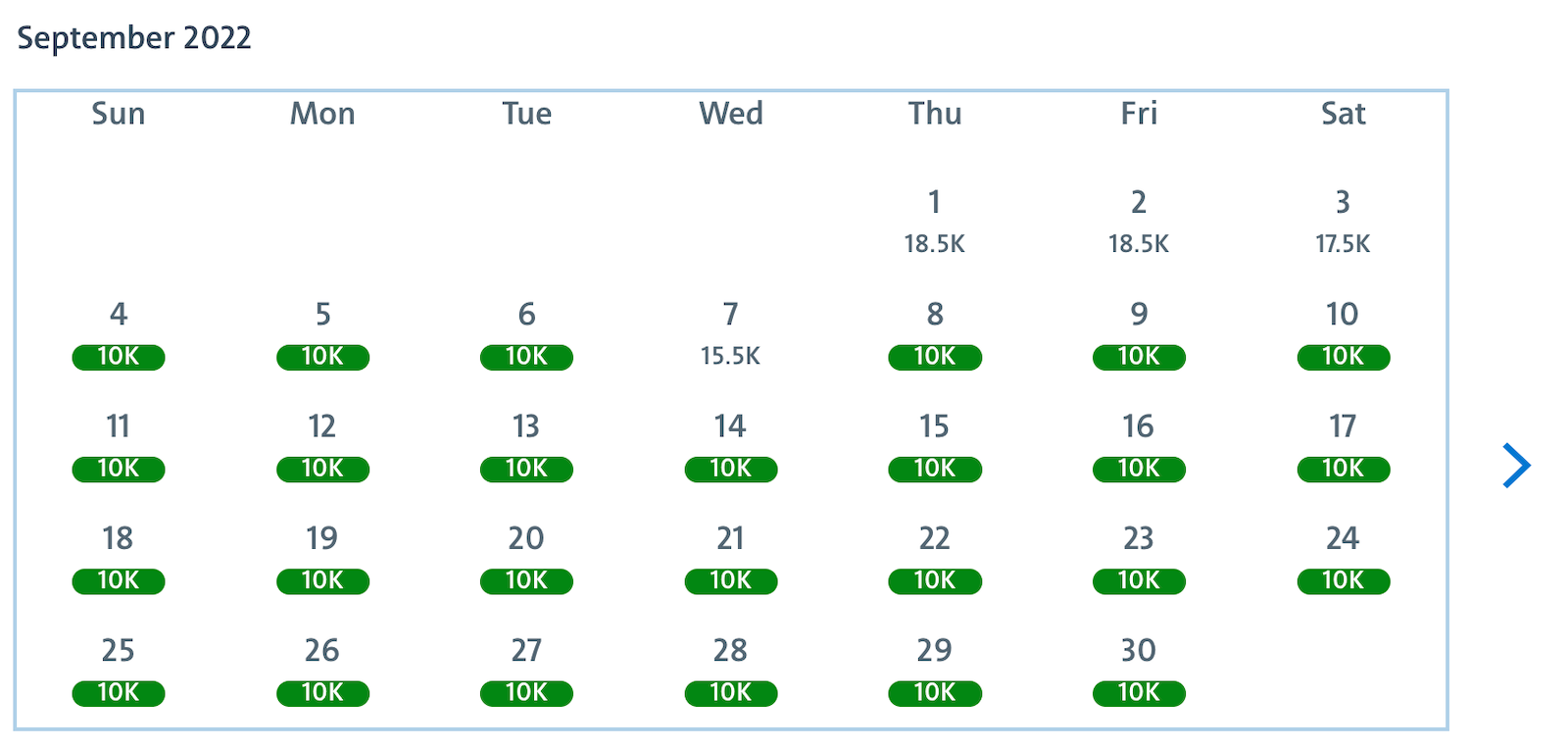 American Airlines award calendar