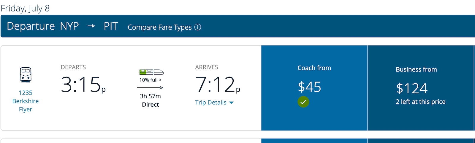 screenshot of Berkshire Flyer booking