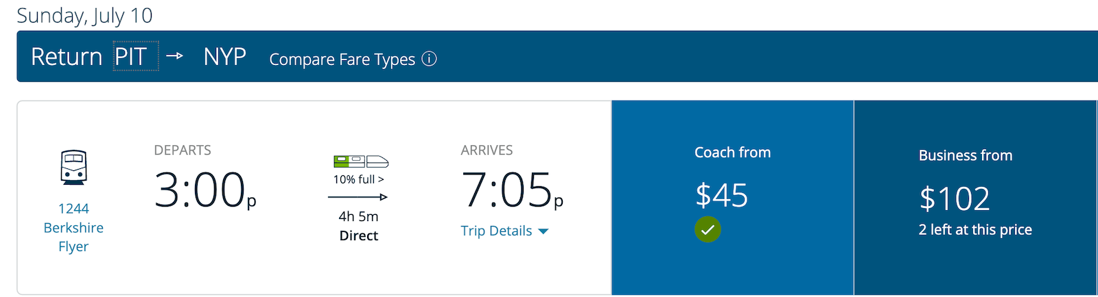 screenshot of Amtrak Berkshire Flyer return trip booking